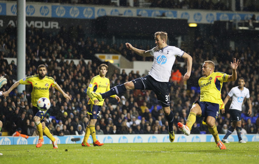 Harry Kane scores his first Premier League goal for Tottenham in the 5-1 win over Sunderland on 7 April 2014