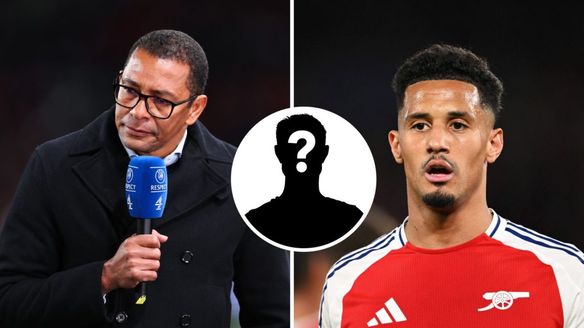 Split Image of Gilberto Silva working as a presenter and William Saliba of Arsenal with inset of mystery player