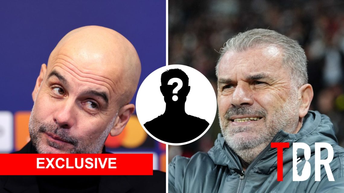 Split Image of Manchester City manager Pep Guardiola and Ange Postecoglou of Tottenham Hotspur with inset of mystery player, TBR Logo and Exclusive...