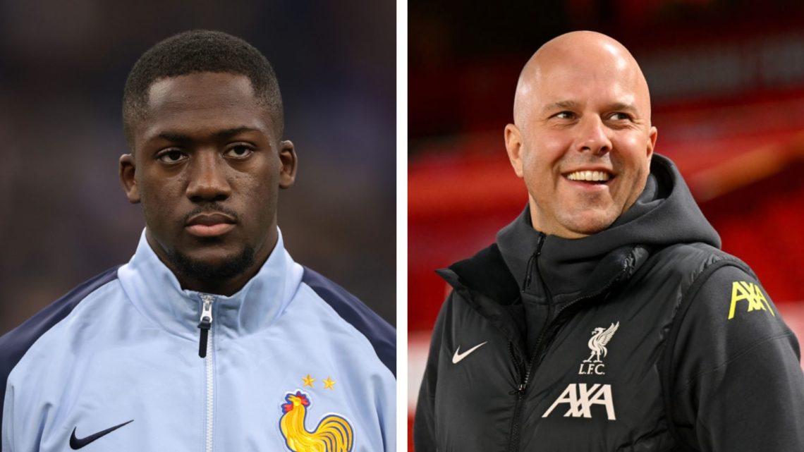 Split Image of Ibrahima Konate of France and Arne Slot, Manager of Liverpool