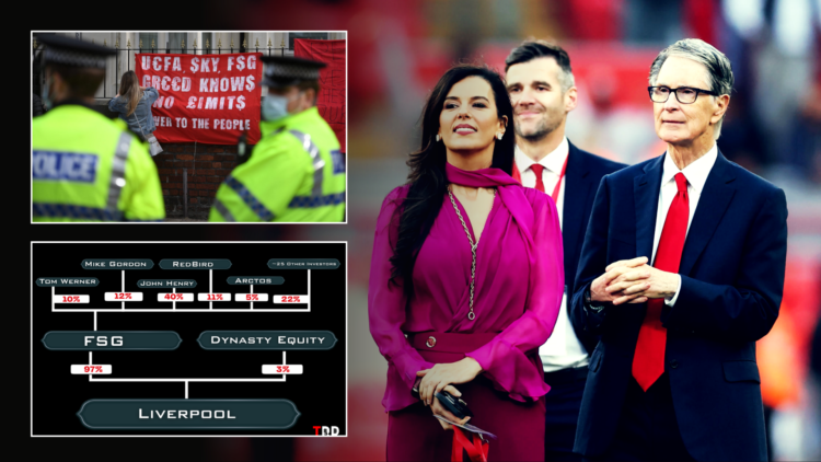 Composite image of John Henry and Linda Pizutti walking on the pitch at Anfield, with inset images of Liverpool protests against the ownership and ...