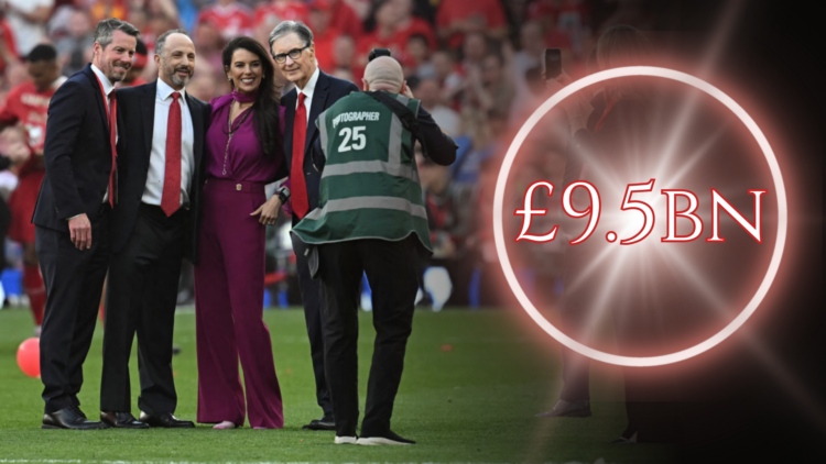 Liverpool and FSG chiefs John Henry, Linda Pizzuti, Mike Gordon, Richard Hughes pose for a photograph, with inset '£9.5bn' wordage