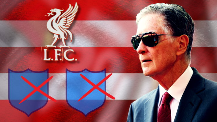 FSG principle owner John Henry on a red-and-white striped background with Liverpool badge and two mystery football crests with crosses through them