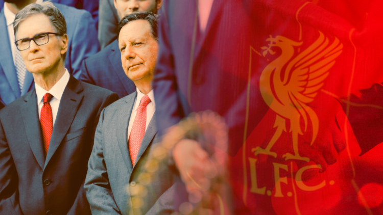 Composite image of FSG founders Tom Werner and John Henry standing side-by-side, faded into the Liverpool badge on their 2024-25 home shirt, with a...
