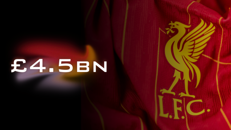 Composite image of the Liverpool badge on the home kit with '£4.5bn' wordage