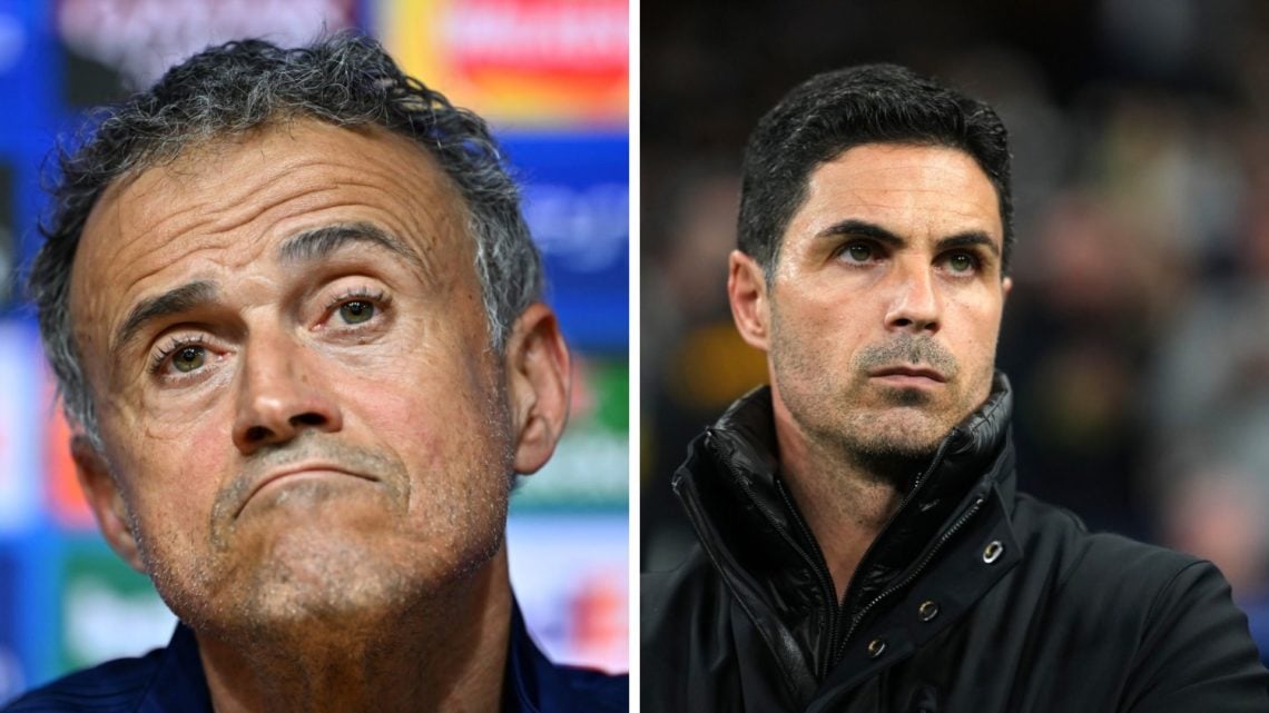 Split Image of Luis Enrique, Head Coach of Paris Saint-Germain and Mikel Arteta, Manager of Arsenal