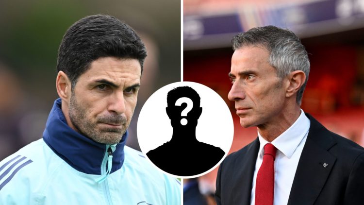 Split Image of Arsenal manager Mikel Arteta and Andrea Berta, Sporting Director of Arsenal with inset of mystery player