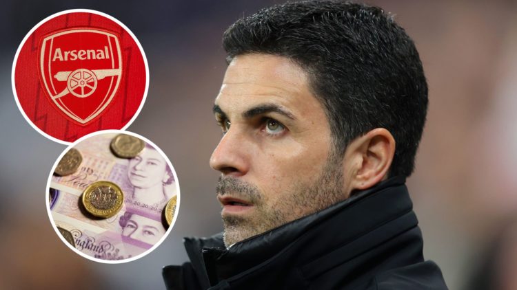 Mikel Arteta, the manager of Arsenal with inset of English pound notes and A detailed view of the badge of Arsenal FC