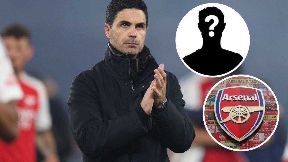 Mikel Arteta with insets of Detailed view of the Arsenal badge and a mystery player