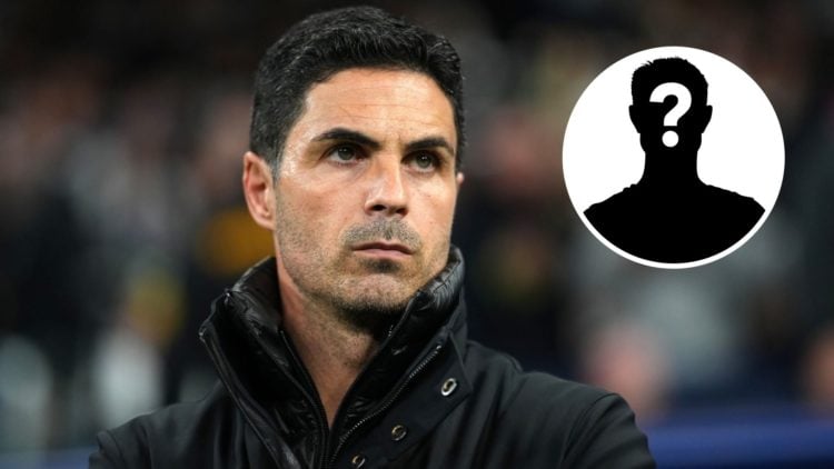 Mikel Arteta, Manager of Arsenal, looks on prior with inset of mystery player