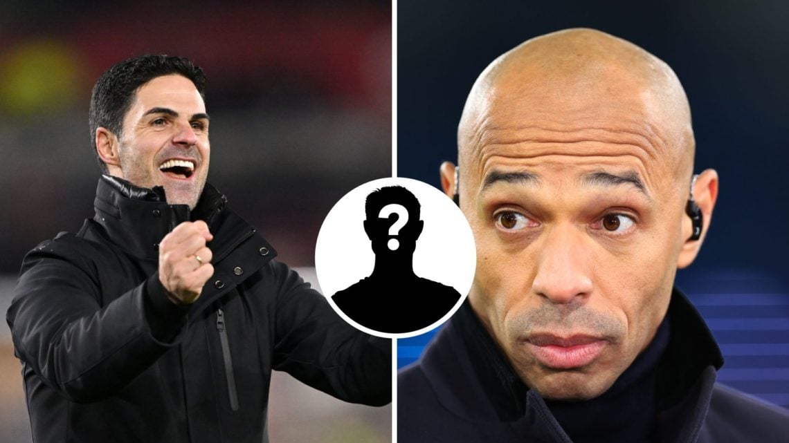 Split Image of Mikel Arteta celebrating against Brentford and Thierry Henry working as a television pundit with inset of mystery player