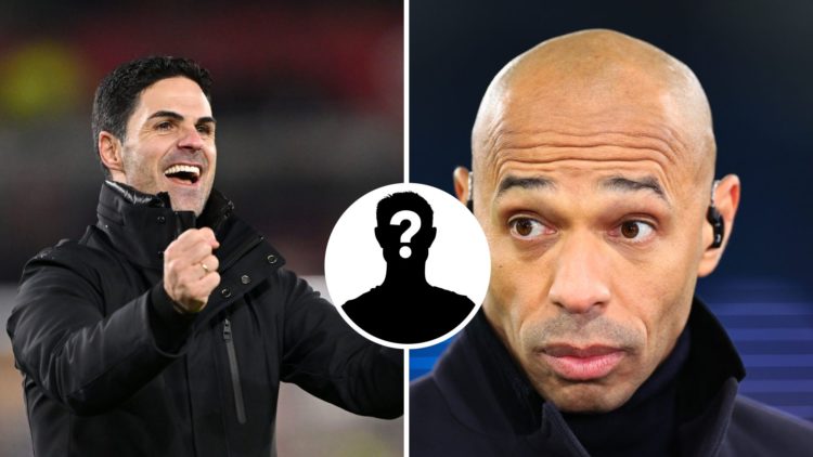 Split Image of Mikel Arteta celebrating against Brentford and Thierry Henry working as a television pundit with inset of mystery player