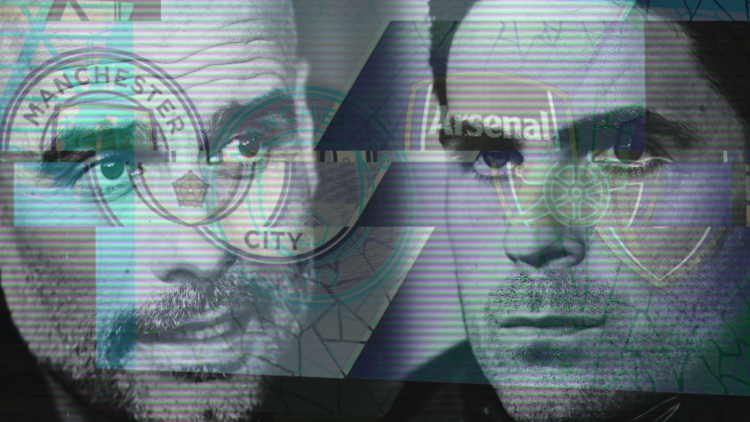 Composite image of Mikel Arteta and Pep Guardiola, with overlay of Manchester City and Arsenal badge