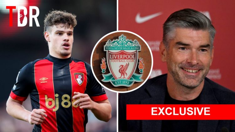 Split Image of Milos Kerkez of Bournemouth and Richard Hughes with inset of The Liverpool FC club badge, TBR Logo and Exclusive Banner