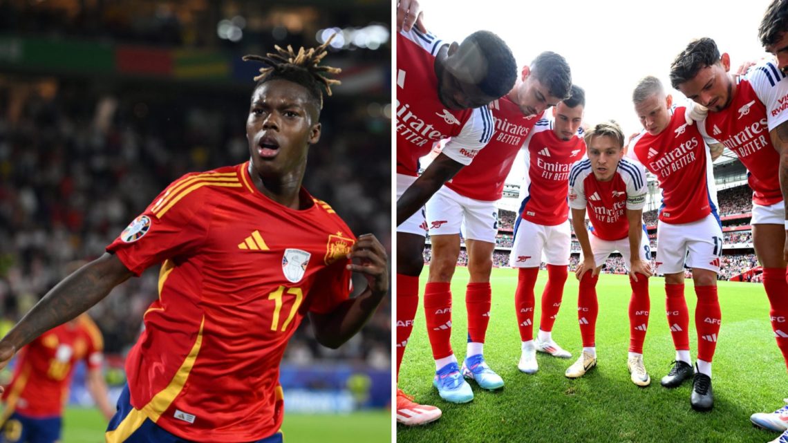 Split Images of Nico Williams (17) of Spain and Martin Odegaard of Arsenal and his teammates
