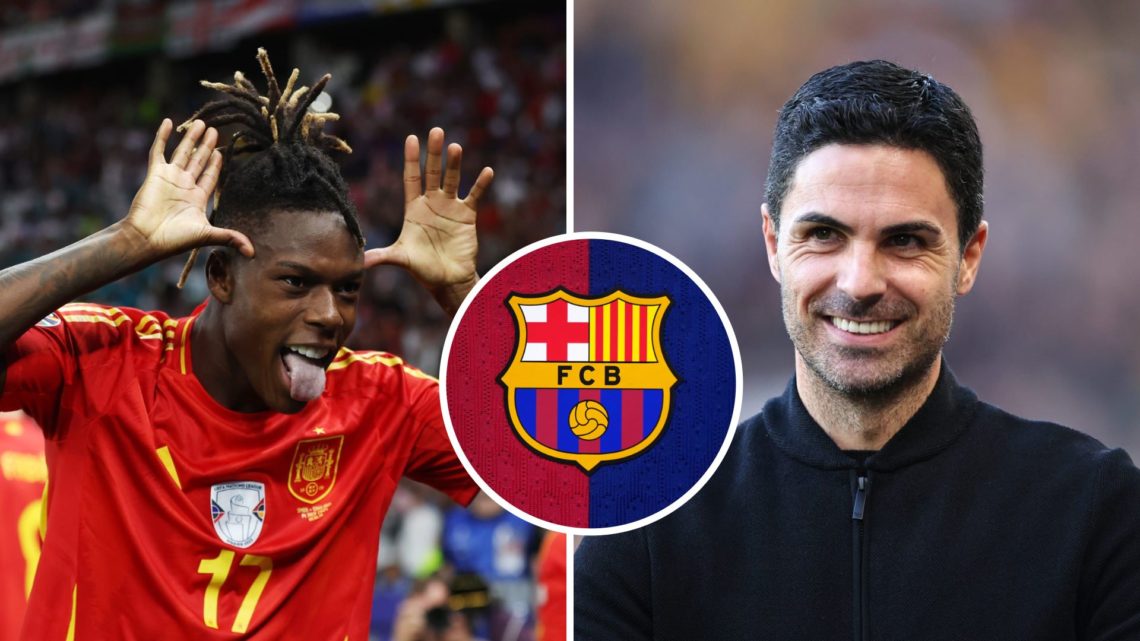 Split Image of Nico Williams celebrates and Mikel Arteta, the head coach/manager of Arsenal with inset of Barcelona badge