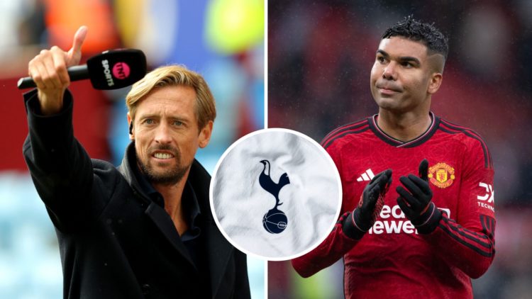 Split Image of Peter Crouch and Casemiro of Manchester United with inset of A detailed view of the badge of Tottenham Hotspur