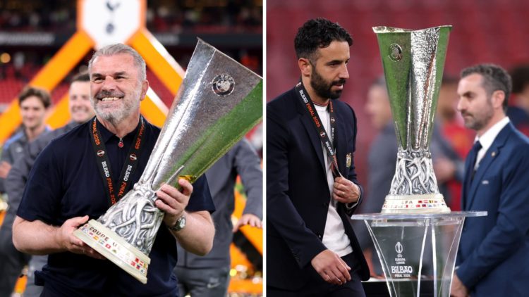 Split Image of Ange Postecoglou, Manager of Tottenham Hotspur and Ruben Amorim, Manager of Manchester United during Europa League final