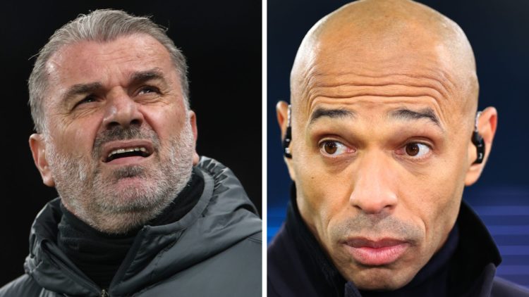 Split Image of Ange Postecoglou, Manager of Tottenham Hotspur and Former player Thierry Henry