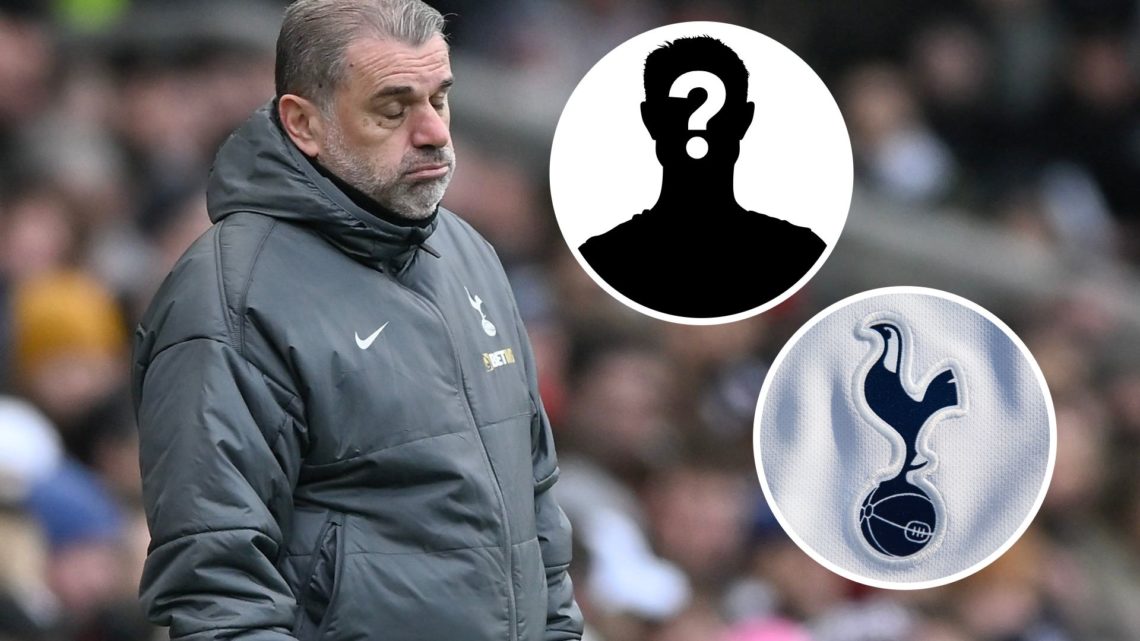 Ange Postecoglou of Tottenham Hotspur looks dejected with insets of The Tottenham Hotspur club crest and mystery player