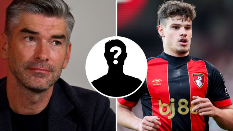 Split Image of Richard Hughes sporting director of Liverpool and Milos Kerkez of Bournemouth with inset of mystery player