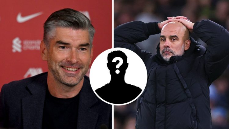 Split Image of Richard Hughes sporting director of Liverpool and Pep Guardiola manager of Manchester City with inset of mystery player