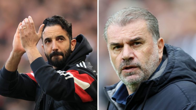 Split Image of Ruben Amorim acknowledging the Manchester United fans against Arsenal FC and Ange Postecoglou prior to Tottenham Hotspur against New...