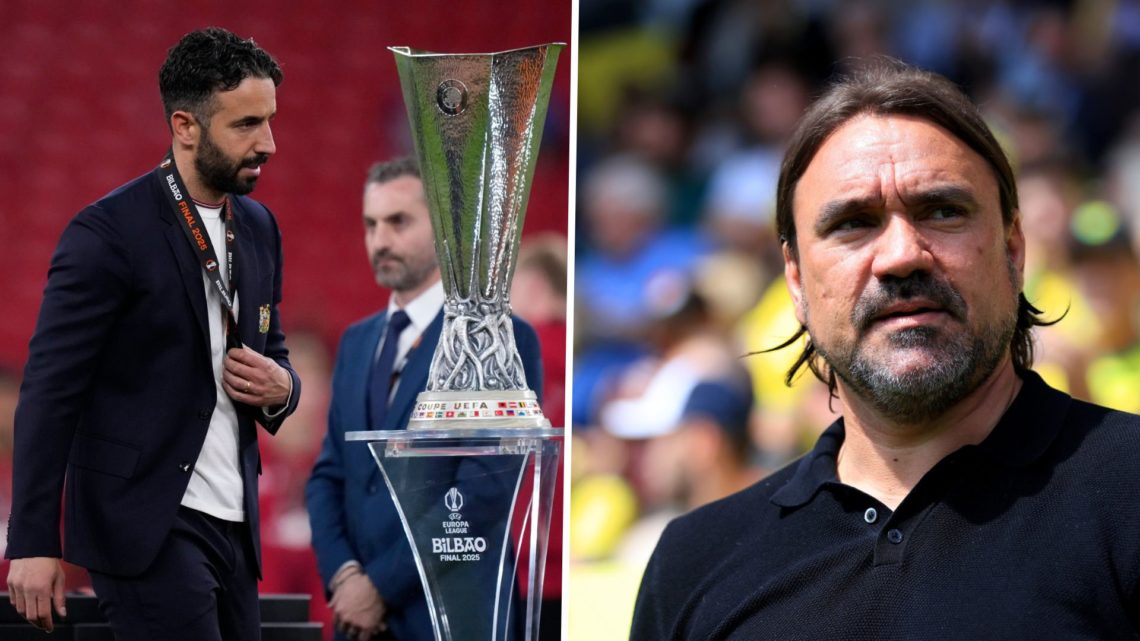 Split Image of Daniel Farke, Manager of Leeds United and Ruben Amorim walks past the UEFA Europa League trophy