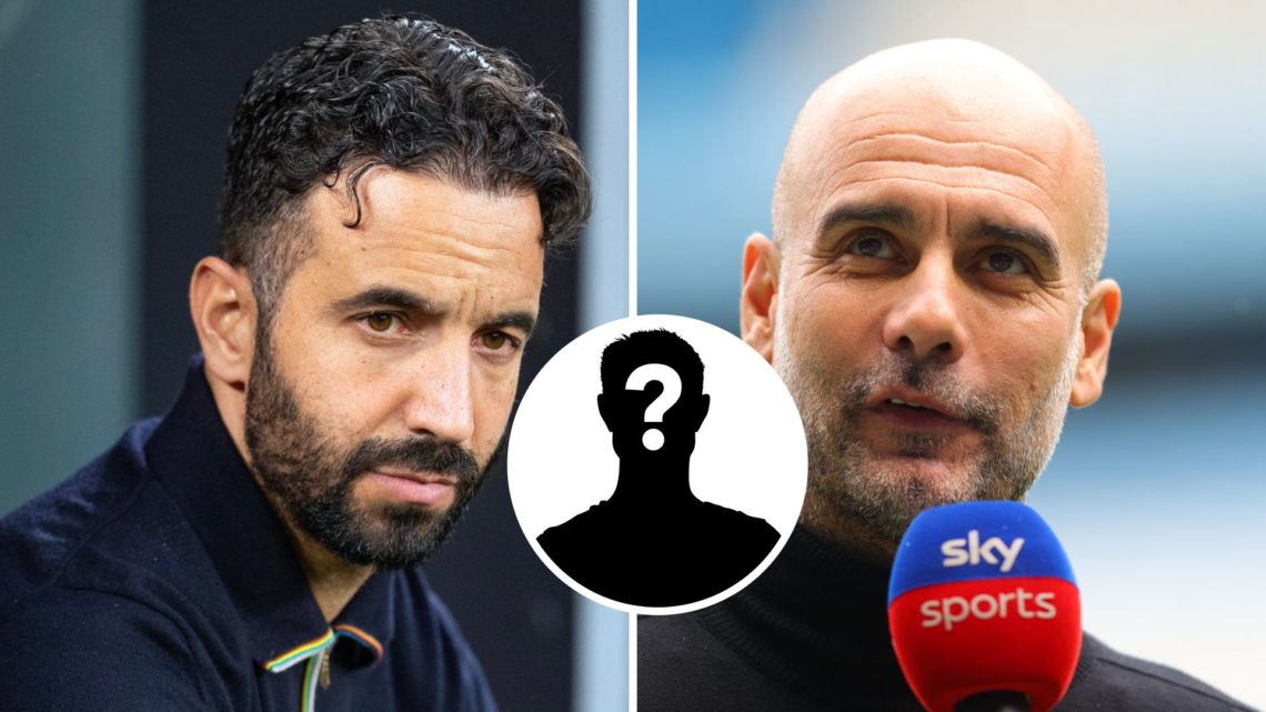 Split Image of Ruben Amorim during the Europa League against Athletic Bilbao and Pep Guardiola looking on against Leeds United with inset of myster...