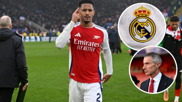 William Saliba of Arsenal with insets of A detailed view of the Real Madrid CF badge and Andrea Berta, Sporting Director of Arsenal