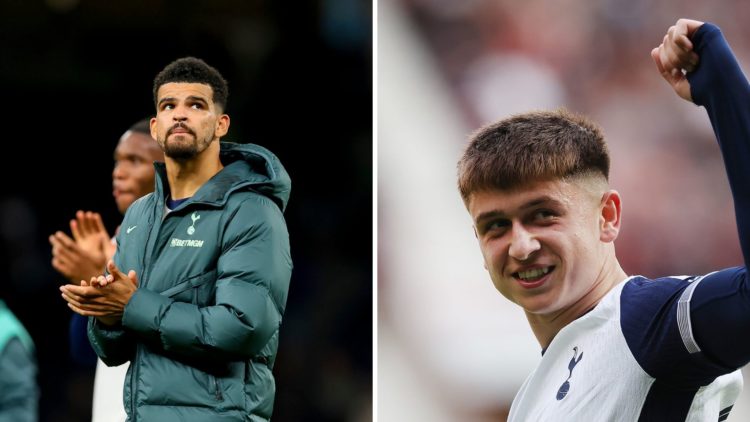 Split Image of Dominic Solanke of Tottenham Hotspur and Mikey Moore of Tottenham Hotspur