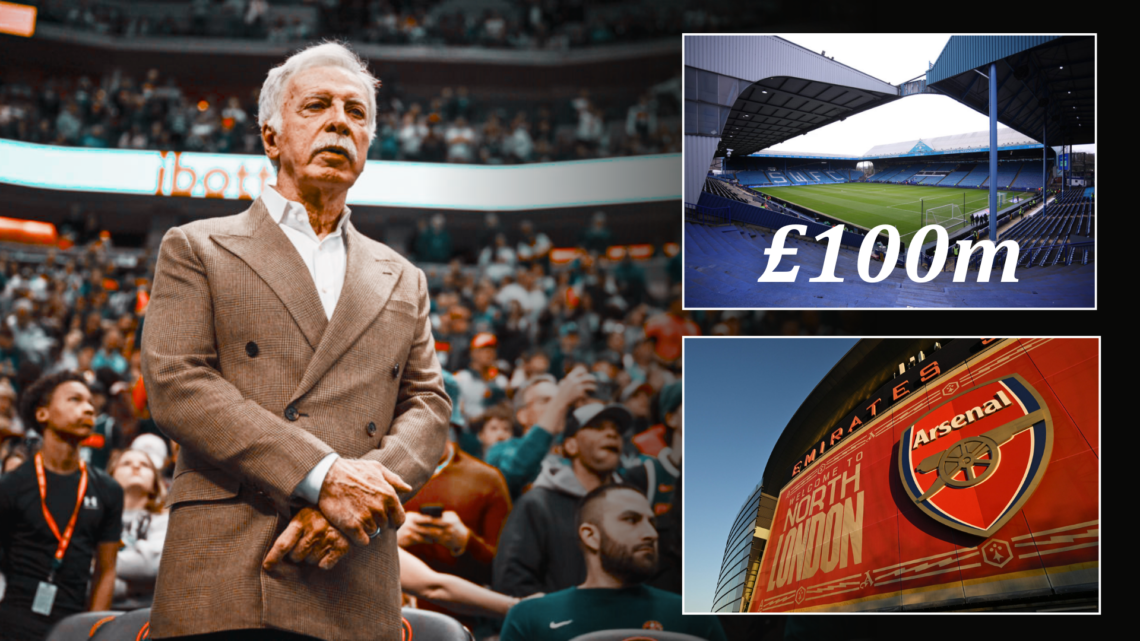 Split image of Arsenal owner Stan Kroenke, with general views of Sheffield Wednesday's Hillsborough Stadium and the Emirates Stadium inset with '£1...
