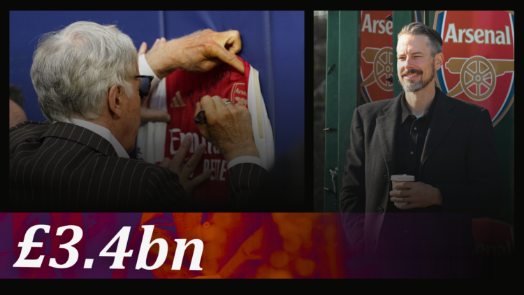 Composite image of Stan Kroenke signing an Arsenal shirt and Josh Kroenke at the Sobha Realty training ground, with '£3.4bn' wordage