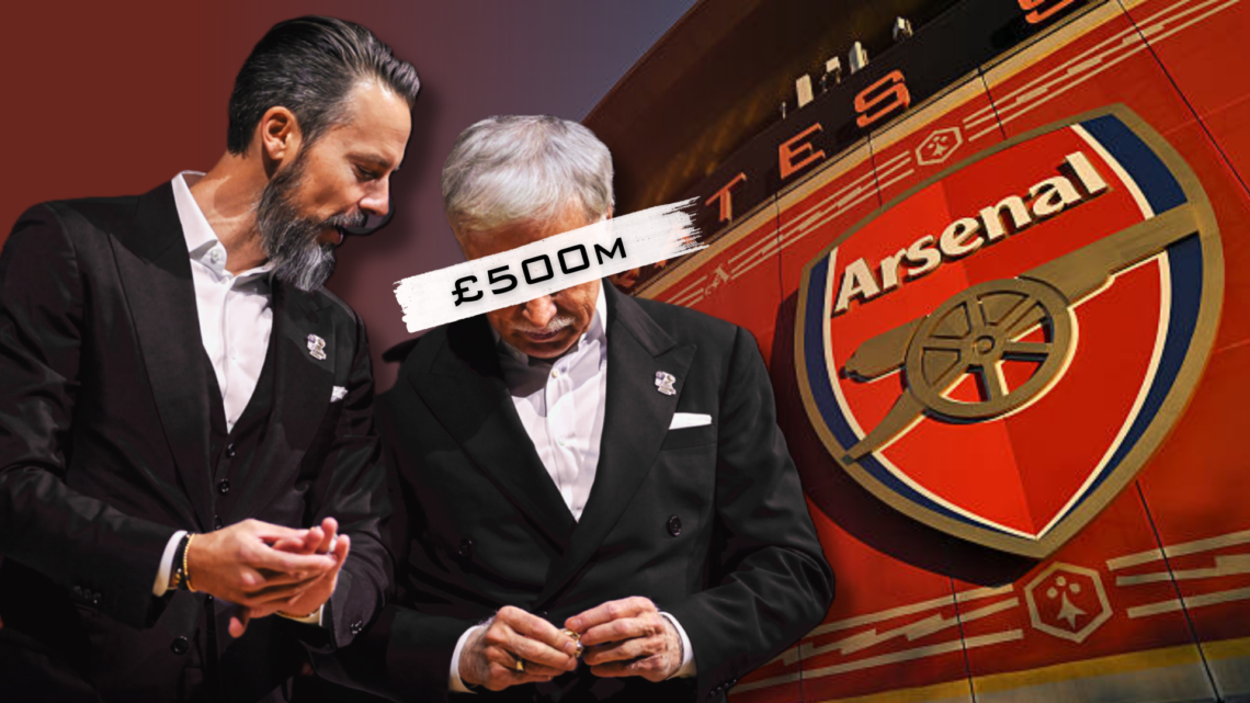 Josh Kroenke and Stan Kroenke superimposed over a general view of the Arsenal badge outside the Emirates Stadium, with '£500m' wordage