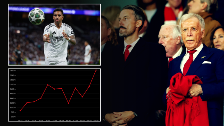 Composite image of Stan Kroenke and Josh Kroenke attending a match at Arsenal, with Real Madrid's Rodrygo Goes and a finance graph inset