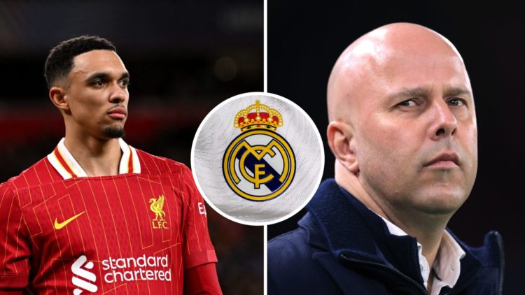 Split Image of Trent Alexander-Arnold of Liverpool and Liverpool manager Arne Slot with inset of A detailed view of the Real Madrid CF badge