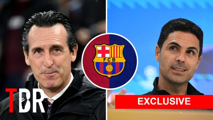 Split Image of Unai Emery, Manager of Aston Villa and Arsenal manager Mikel Arteta with inset of Barcelona badge, TBR Logo and Exclusive Banner