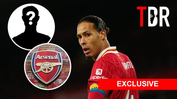 Liverpool's Virgil van Dijk with insets of Detailed view of the Arsenal badge and mystery player and TBR Logo and Exclusive Banner