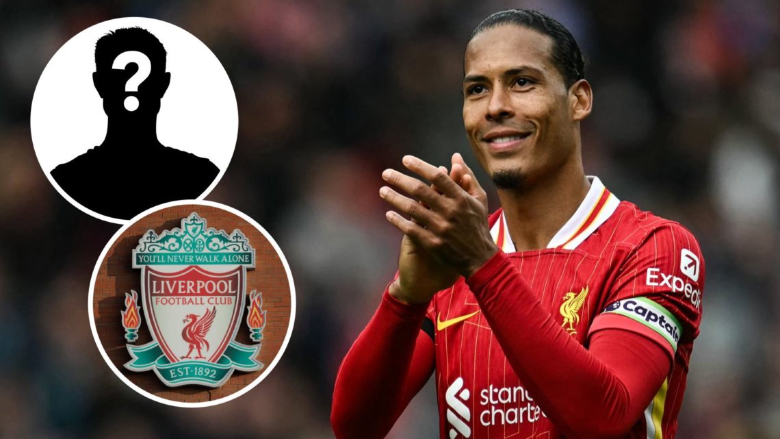 Liverpool's Dutch defender #04 Virgil van Dijk with insets of The Liverpool FC club badge and mystery player