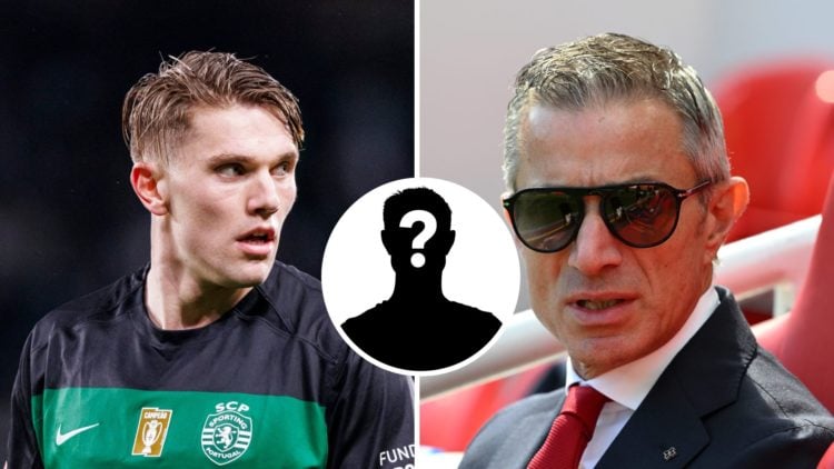 Split Image of Viktor Gyokeres of Sporting and Andrea Berta, Sporting Director of Arsenal with inset of mystery player