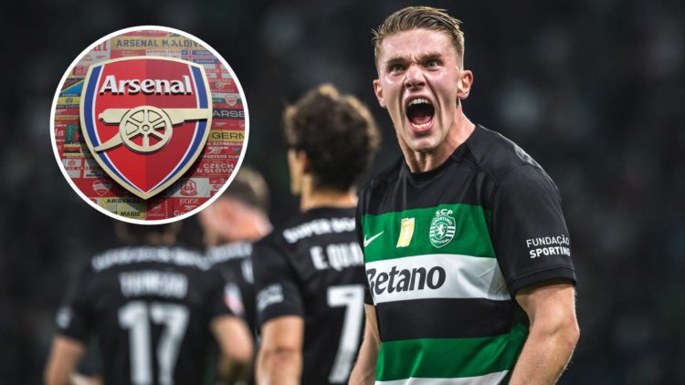 Viktor Gyokeres of Sporting CP with inset of a Detailed view of the Arsenal badge