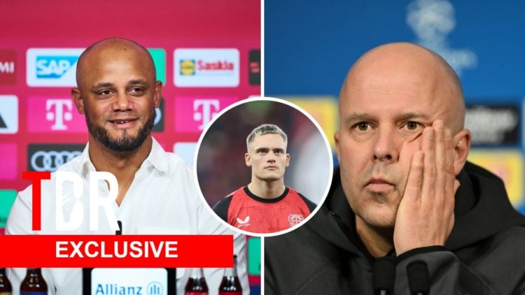 Split Image of Vincent Kompany and Arne Slot answering questions with inset of Florian Wirtz, TBR Logo and Exclusive Banner