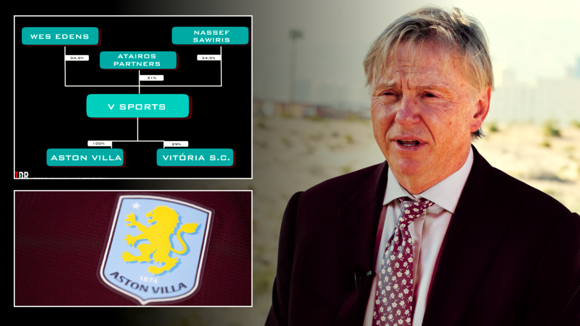 Split image with Aston Villa badge, ownership graph and Wes Edens giving an interview to the press