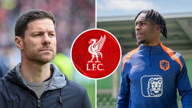 Split Image of Head coach Xabi Alonso of Bayer 04 Leverkusen and Jeremie Frimpong from The Netherlands with inset of the Liverpool FC badge