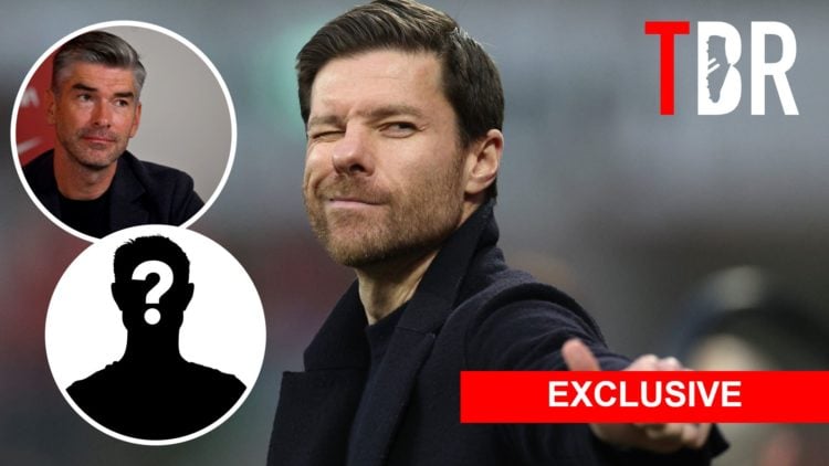 Xabi Alonso, Head Coach of Bayer 04 Leverkusen with insets of Richard Hughes sporting director of Liverpool and mystery player with Exclusive Banne...