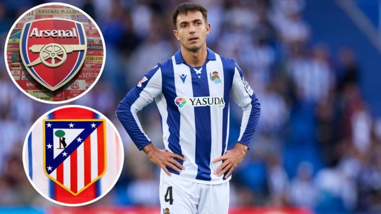 Martin Zubimendi of Real Sociedad with insets of Detailed view of the Arsenal badge and A detailed view of the badge of Atlético de Madrid