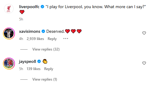 Screengrab of replies under Jeremie Frimpong and Liverpool's Instagram post
