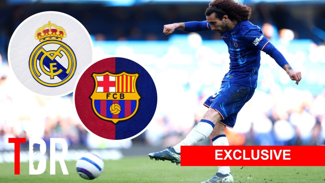 Chelsea defender Marc Cucurella. Inset of Real Madrid and Barcelona badges.