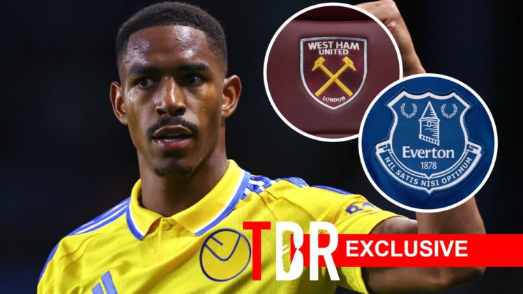 Leeds United defender Junior Firpo. Inset of West Ham United badge and Everton badge.