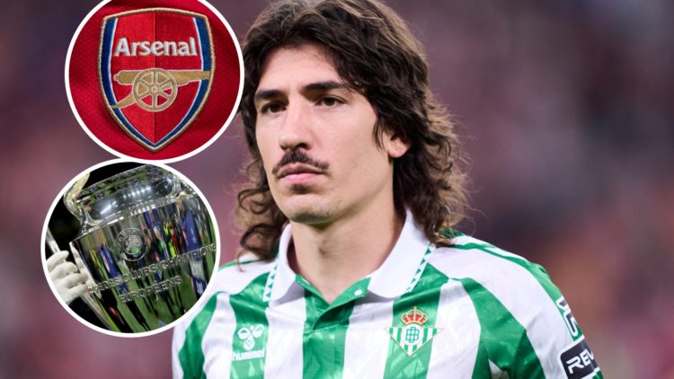 Image of Hector Bellerin with Arsenal badge and UEFA Champions League trophy inset